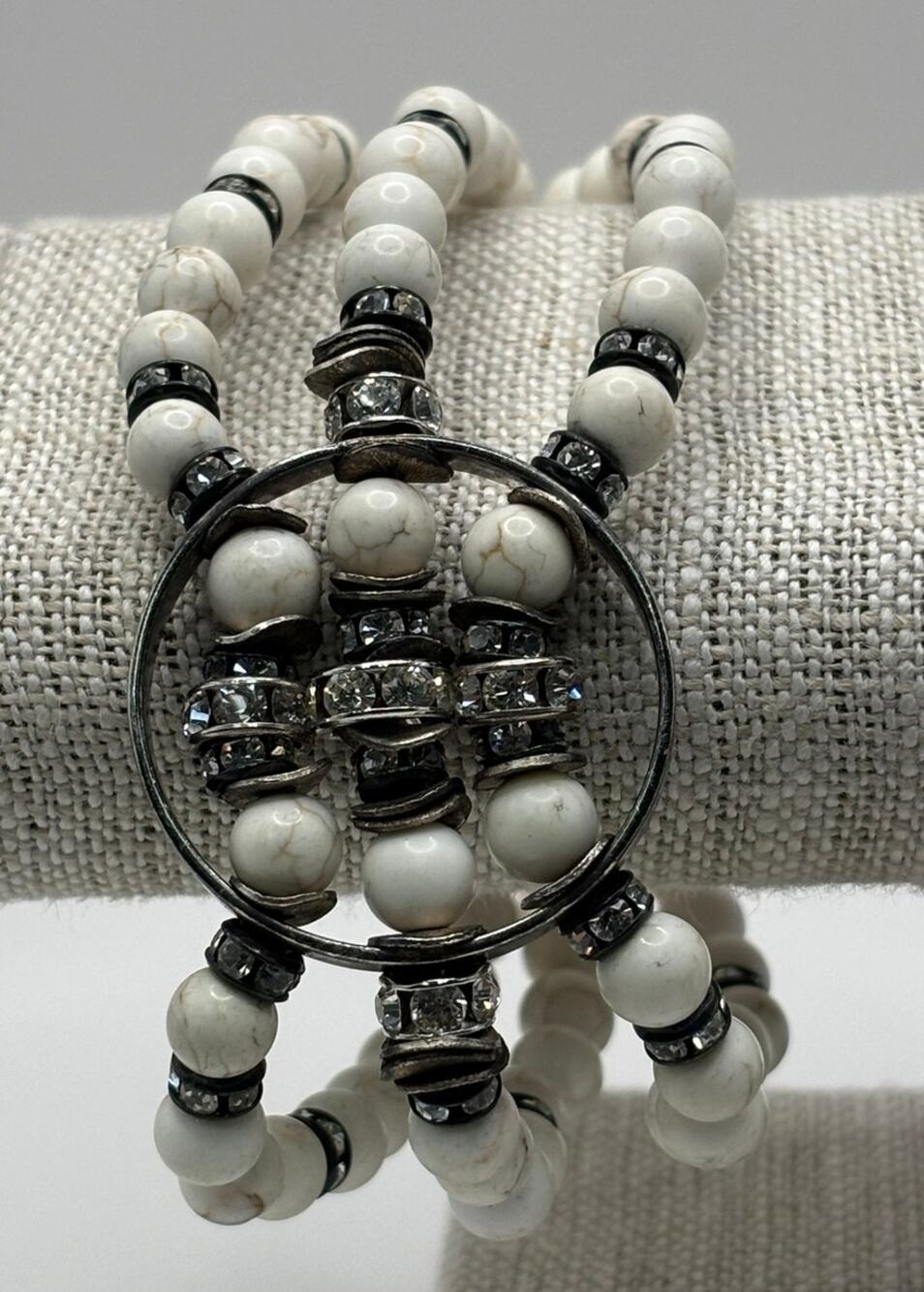 Lori Frantz-Koenig White Triple Strand Bead Rhinestone Bracelet 8" #76903
